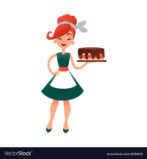 Funny Cartoon Housewife With Cake Happy Royalty Free Vector