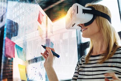 Excited Woman Smiling While Exploring Virtual Reality Stock Image Image Of Double Futuristic