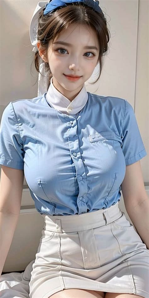A Woman Sitting On Top Of A Bed Wearing A Blue Shirt And White Skirt