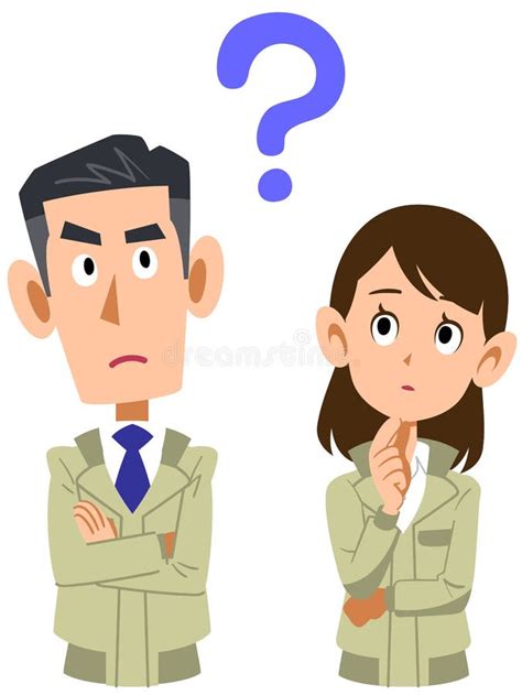 Upper Body Of Man And Woman Wearing Work Clothes With Doubts Stock