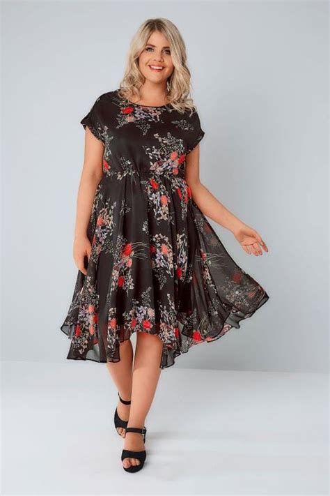 Black And Multi Vintage Floral Print Chiffon Dress With Hanky Hem Plus