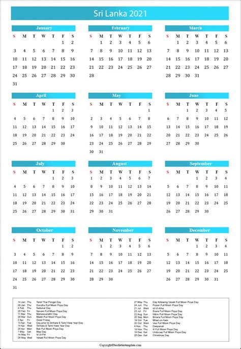 Free Printable Sri Lanka Calendar 2021 With Public Holidays