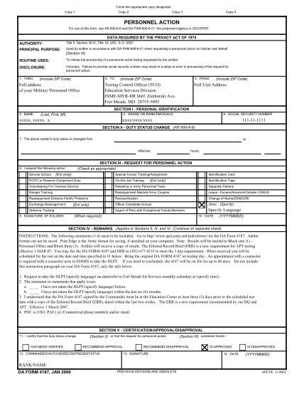Da Form 4187 Jan 2000 Fillable Printable Forms Free Online