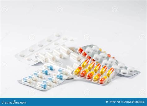Closeup Colorful Antibiotics Capsule Pills In Blister Pack Pharmacy