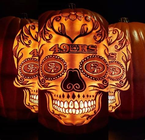 hand carved 49ers skull on foam pumpkin foam pumpkins pumpkin carving hand carved
