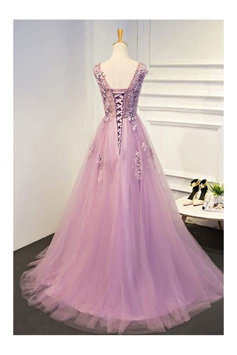 Beautiful Light Purple Beaded Lace Long Prom Dress Tulle 139