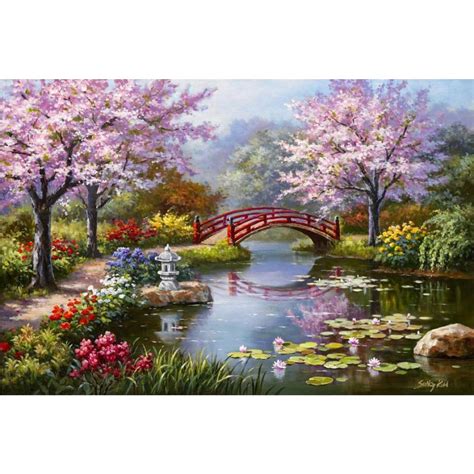 Modern Art Hand Painted Canvas Oil Paintings Japanese Garden In Bloom