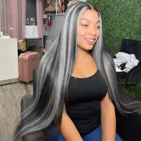 Straight Black Wigs With Gray Highlights Lace Front Wig Flash Sale