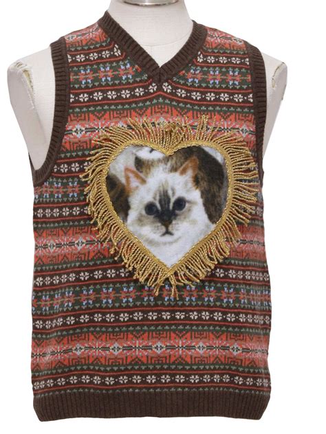 Womens Ugly Christmas Catmus Sweater Vest Lands End Love Kitties