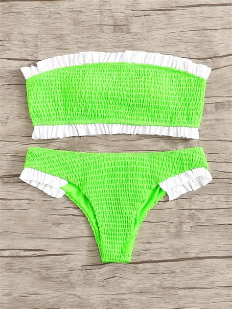 Neon Green Swimsuit Frill Trim Smocked Bandeau Bikini Bottom Neon