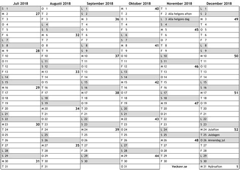 Du får också en variant utan röda dagar, där alla datum är svarta. Kalender 2018, 2:a halvår