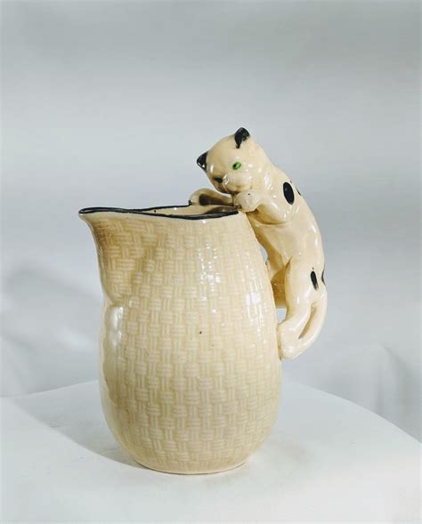 Vintage Cat Handle Pitcher Cat Jug Cat Creamer Basket Weave Pattern Ceramic Porcelain
