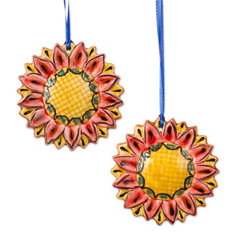 Hand Painted Ceramic Sunflower Ornaments From Mexico Pair Rosy
