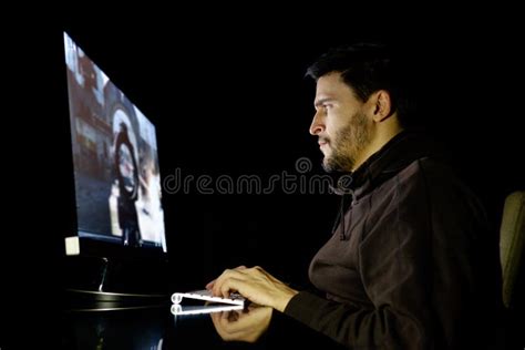 Handsome Male Gamer Playing Computer Video Game Stock Image Image Of