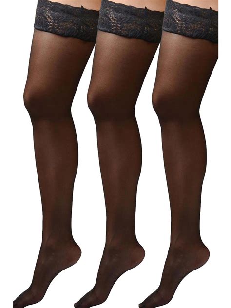 Womens Plus Size Hosiery Black Sheer Lace Top Stay Up Silicone Thigh High Stockings 3 Pack