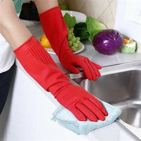 Red Kitchen Gloves Washing Dishes Cleaning Washing Gloves Waterproof Long Sleeve Rubber Latex