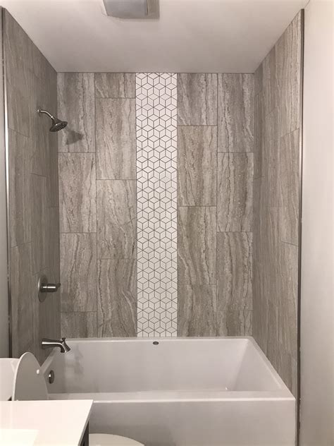 Custom Tile Tub Shower Surround With White Rhombus Tile Mosaic Accent