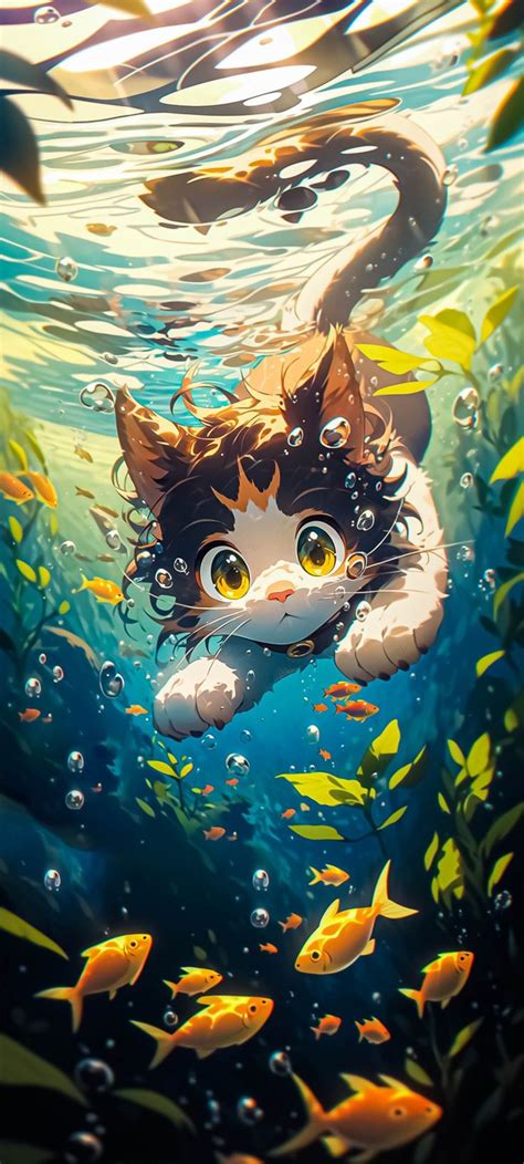 A Cat Is Swimming In The Water With Fish Around Its Neck And Head