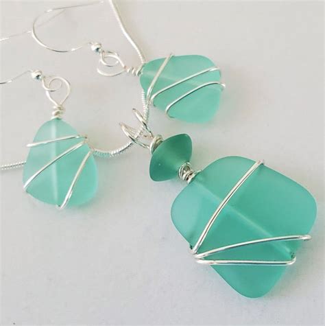 Soft Aqua Sea Glass Jewelry Set Blue Green Sea Glass Necklace Etsy