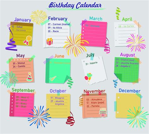 Birthday Calendar Digital Colorful Printable Pdf Etsy