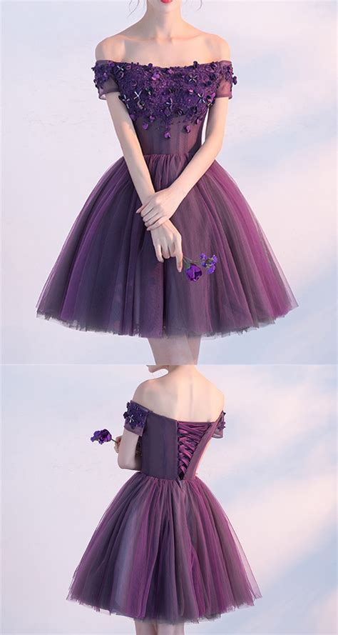 A Line Party Dresses Purple Prom Dresses Short Party Dresses With Flower Short Sleeve Off The