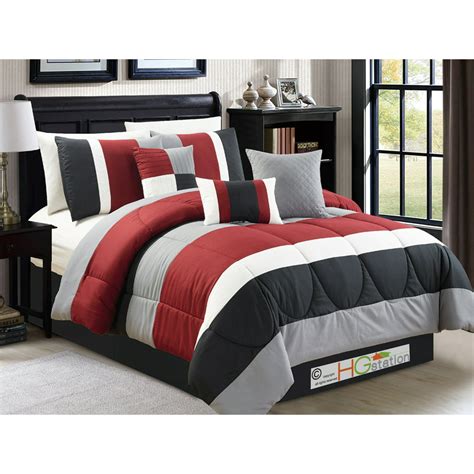 7 Pc Modern Striped Pleated Quilted Comforter Set Red Burgundy Black