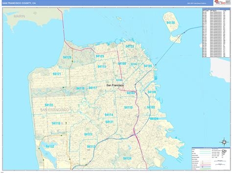 San Francisco County Ca Zip Code Wall Map Basic Style By Marketmaps