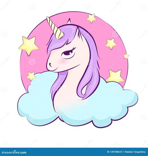 Cute Magical Unicorn Head With Cloud And Star Vector Design Isolated