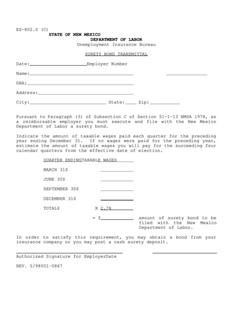 The current unemployment rate for new mexico is 7.3% for november 2020. Form Es-802.0 - Surety Bond Transmittal printable pdf download