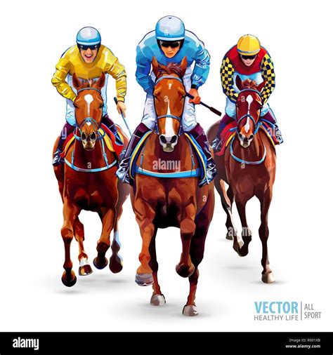 Horse Racing Hippodrome Racetrack Trio Jockeys On Horses Isolated