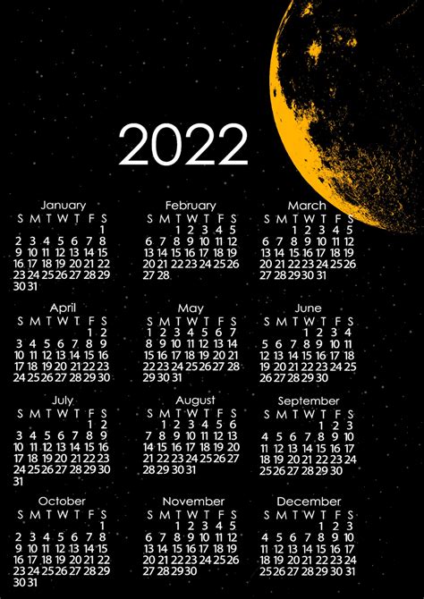 2022 Calendar Moon Wall Art Size A3a4 Digital Download Etsy