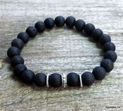 Bracelet Homme Perle De Lave Noir Et Argent Massif Ninanina