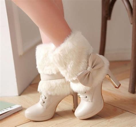 Womens Bowknot Detachable Faux Fur Warm Ankle Boot Lace Up Block High Heel Shoes Boots Outfit