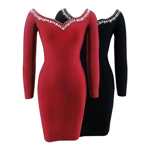 Hot Sale Sexy Women Dress Long Sleeve Beading Black Red Bandage Dress Party Dress Red Bandage