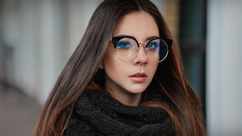 Wallpaper Face Model Depth Of Field Long Hair Women With Glasses Sunglasses Blue