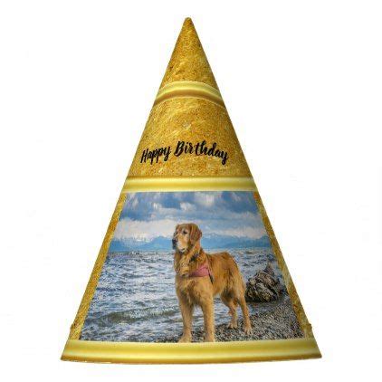 Dogs birthday bandana hat garland party decorations, golden retriever happy birthday banner set, boy dogs blue hat triangle scarf, birthday party supplies, dogs bday decoration paw balloons. #Golden Retriever standing on the blue ocean rocky Party Hat - #golden #retriever #puppy # ...