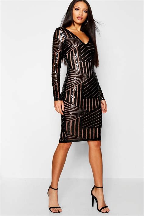 Sequin And Mesh Plunge Neck Midi Party Dress Plunge Neck Midi Dress