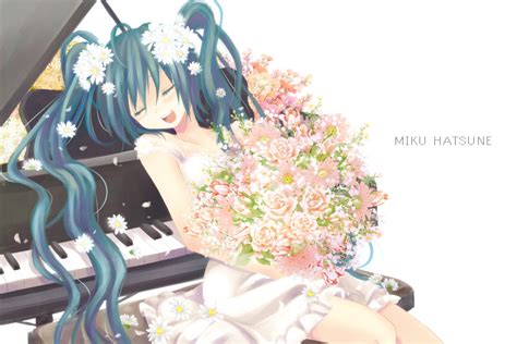 Aqua Hair Dress Flowers Hatsune Miku Instrument Long Hair Piano