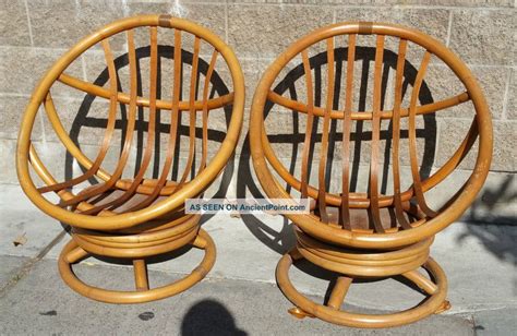 Mid Century Modern Swivel Bamboo Rattan Hoop Pod Egg Chairs 2 Good Cond