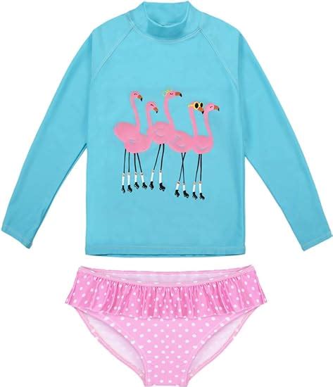 Baby Kids Girls Rash Guard 2 Piece Swimsuit Set Flamingos Long Sleeve