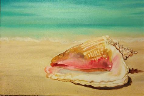 Mermaid with conch shell original painting free shipping | etsy. A painting of a queen conch shell on the beach. | Painting ...