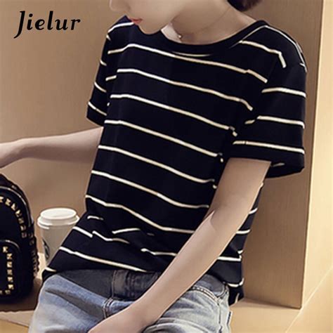 Jielur Striped Simple Casual Korean All Match T Shirts Summer Classic White Black Tees Female M