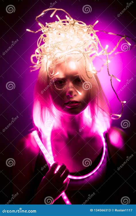 portrait girl strip light tape on dark color background stock image image of component color