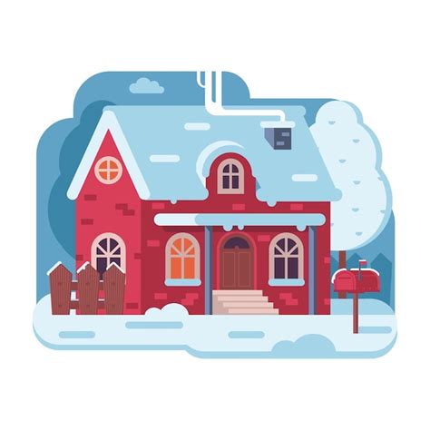 Premium Vector Winter Cozy Snowy Red House In Flat Design