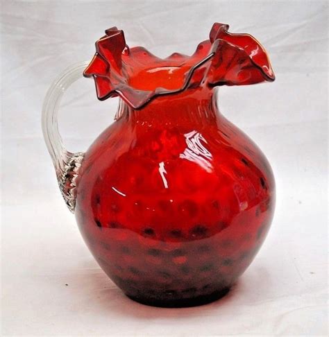 Old Vintage Red Cranberry Hand Blown Glass Ruffled Pitcher Clear Applied Handle • 125 00 Hand