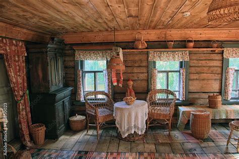 Traditional Interior Of Old Russian Log Village House Of 19th Ce