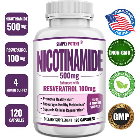 Nicotinamide 500mg With Resveratrol 100mg 120 Veggie Capsules Vitamin B3 Supplement Pills To