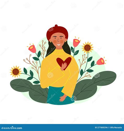 Flat Illustration Character Of Portrait French Girl Self Love Or Love Your Self Stock Vector