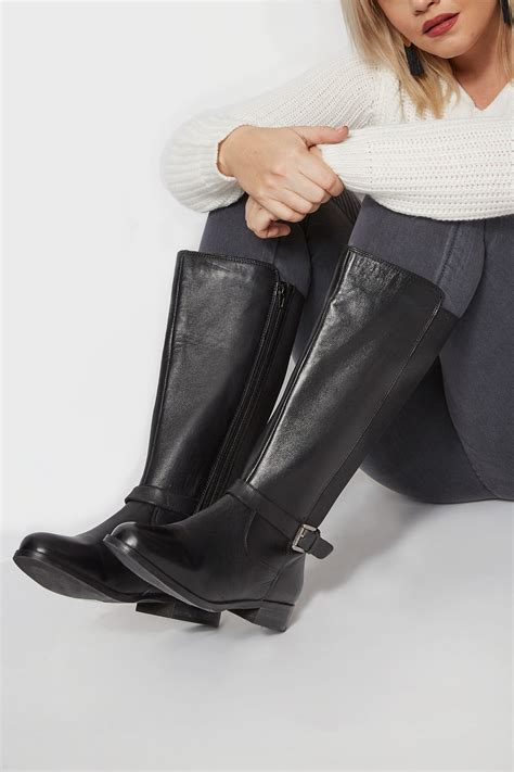 Black Leather Riding Boots With Stretch Panels In Eee Fit Yours Clothing