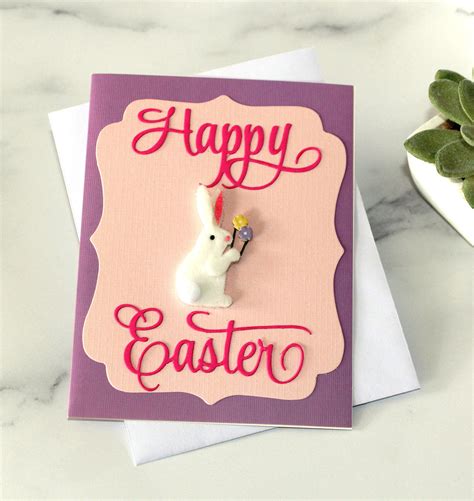 Easter Card Happy Easter Bunny With Flowers Purple Pink White Blank